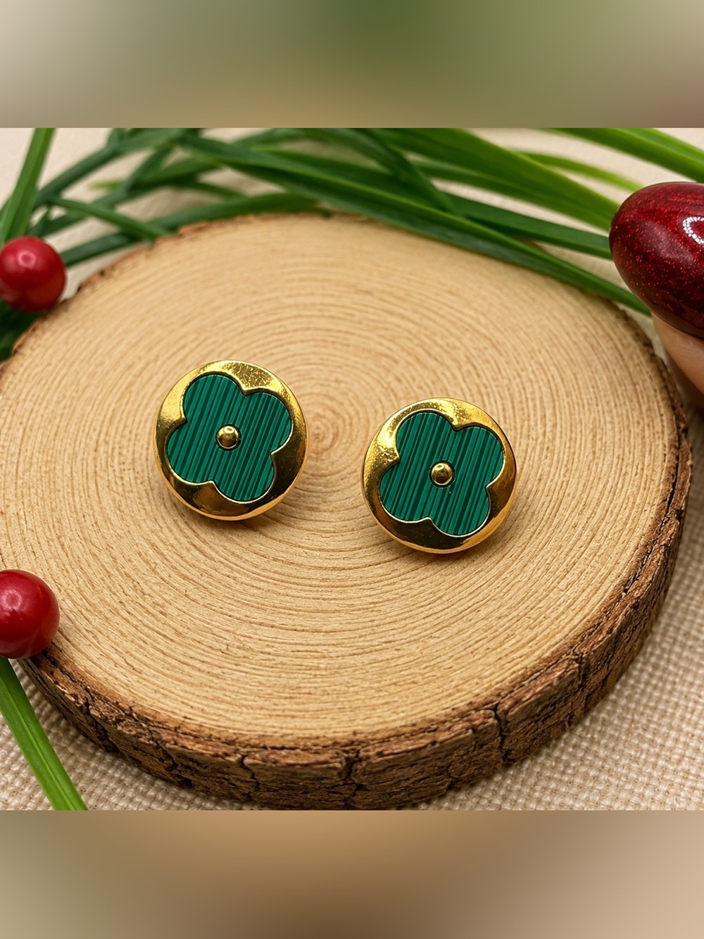 Gold and Green Flower Stud Earrings steel 316L